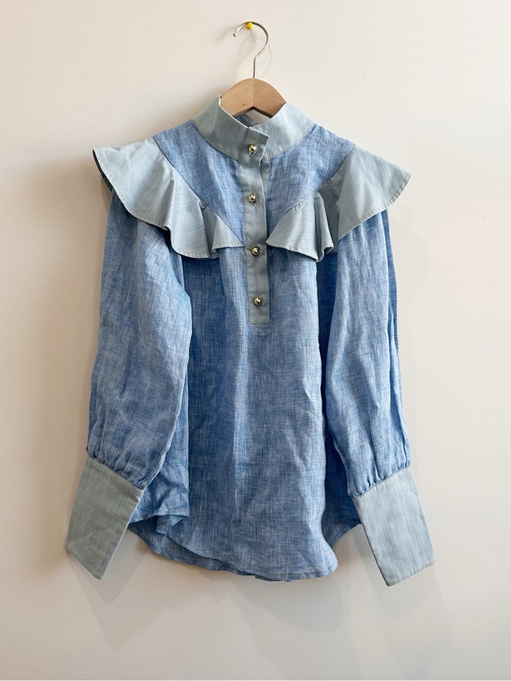 Tuckernuck Mirabella Ruffle Chambray Linen Blouse - Light Blue - Size XS
